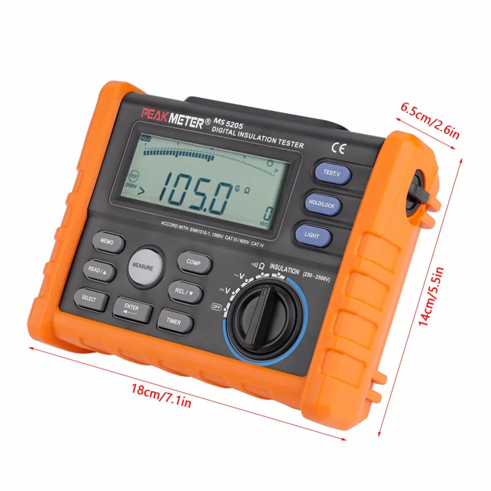 Imagem -04 - Peakmeter Ms5205 Isolamento Resistência Tester 2500v Analógico Digital Megohmmeter 0.01100g Ohmtest Calcular Automaticamente pi Dar