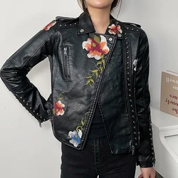 LY VAREY LIN New Spring Autumn Motorcycle Jacket Women Turn-down Print Embroidery Leather Jacket High Street Zipper Pu Punk Coat