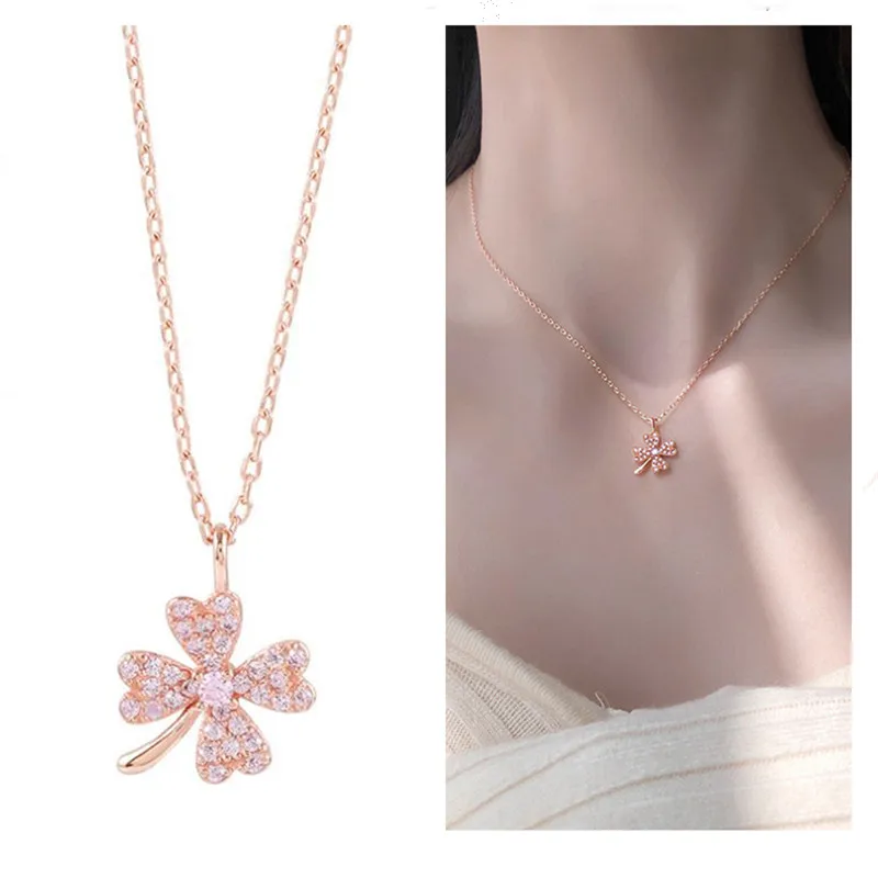 Trendy Rose Gold Zircon Clover Pendant Necklace Female Jewelry Fashion Princess Silver Plated Necklace Girl Clavicle Bijou