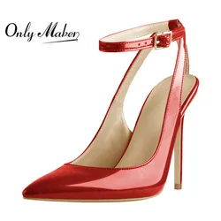 Onlymaker Women Red Slingback Ankle Strap Pumps Pointed Toe Stiletto 10CM High Heel Cut-Out  Party Dress Shoes Plus US5~US15