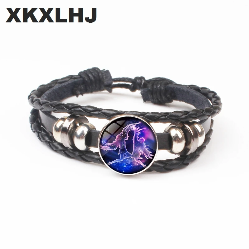 XKXLHJ 12 constellation Virgo, Leo, Aries, Gemini Art Picture Glass Metal Leather Bracelet Fashion Ladies Lucky Bracelet Jewelry