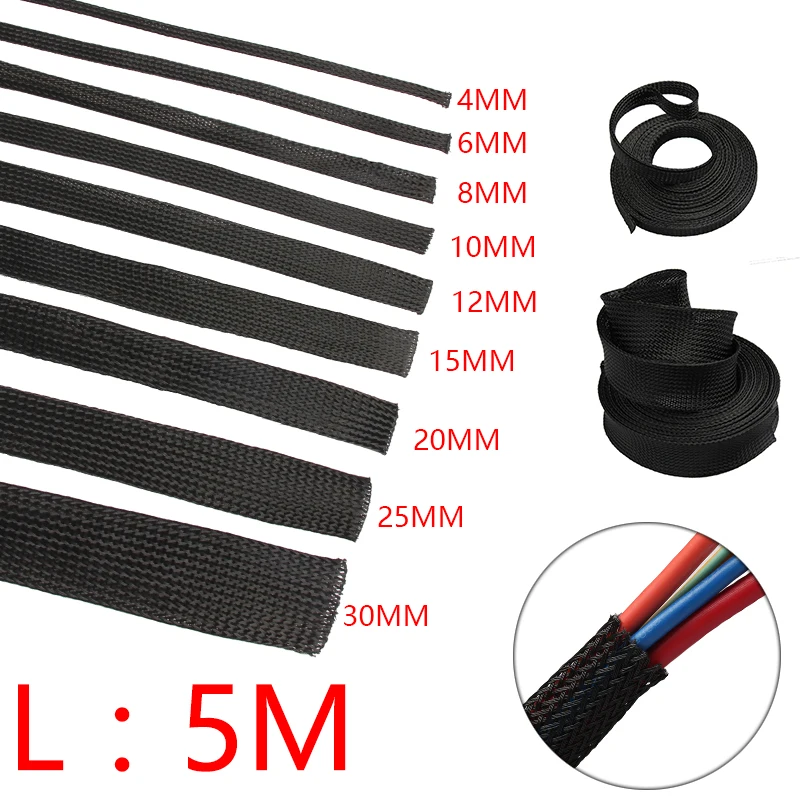 1/5/10/M Black Insulated Braid Sleeving 2/4/6/8/10/12/15/20/25mm Tight PET Wire Cable Gland Protection Cable Sleeve