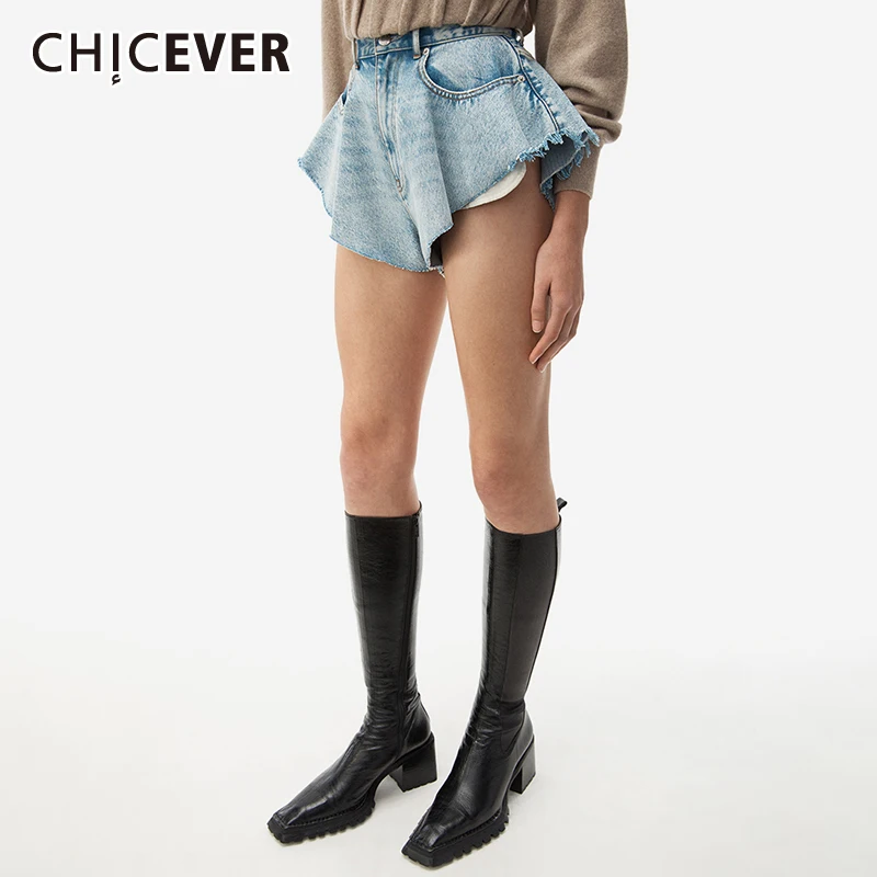 CHICEVER Denim Shorts For Women High Waist Patchwork Pockets Plus Size Sexy Solid Casual Short Pants Female 2021 Summer Clothing