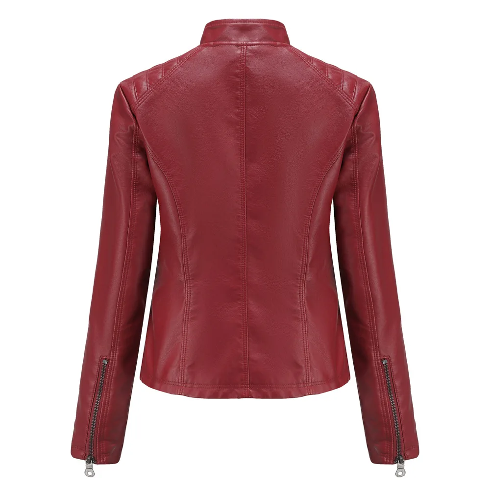 Spring New Casual Women Leather Jacket Stand Collar Slim Fit Short PU Leather Coat Solid Classic Female Outerwear