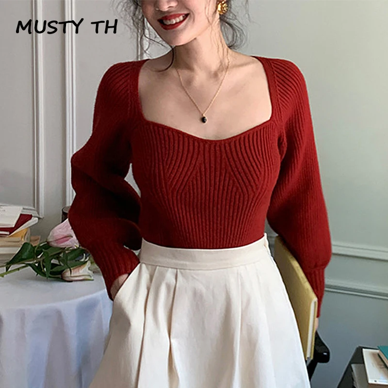 

MUSTY TH 2022 Spring Sqaure Collar Women Sweater Knitting Women Top Lantern Sleeve Vintage Pullover Christmas Sweater Women