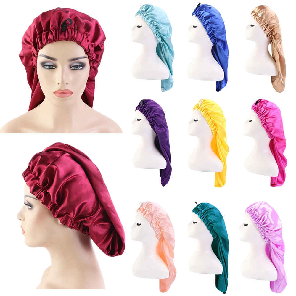 Women Extra Large Satin Elastic Long Sleep Cap for Curly Hair Bonnet Loose Night Sleeping Hat Elastic Band Headwrap Solid Color