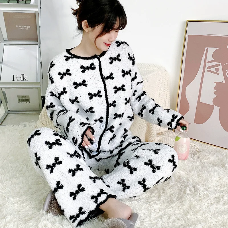 Bow Print Sleepwear Suit Autumn Winter Long-Sleeved Pajamas 2-Piece Set Keep Warm Pijamas Women's Pyjamas Nightwear Home Clothes