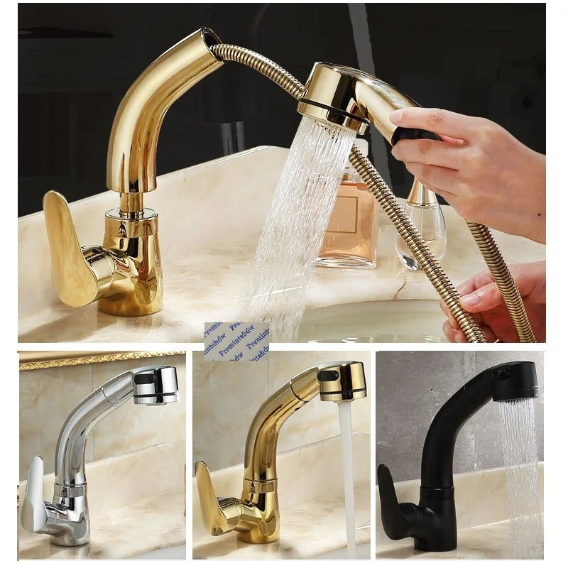 White Gold Black Chrome Brass Pull Out Sprayer Kitchen Bath Basin Cold Hot Mixing Faucet Up Down Height Adjustable