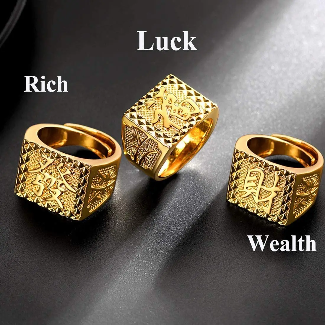 ChainsPro Mens Signet Rapper Kanji Ring Get Rich Luck Wealth Good Blessing Lucky Ring Set Open Adjustable Size 7-11 CP530