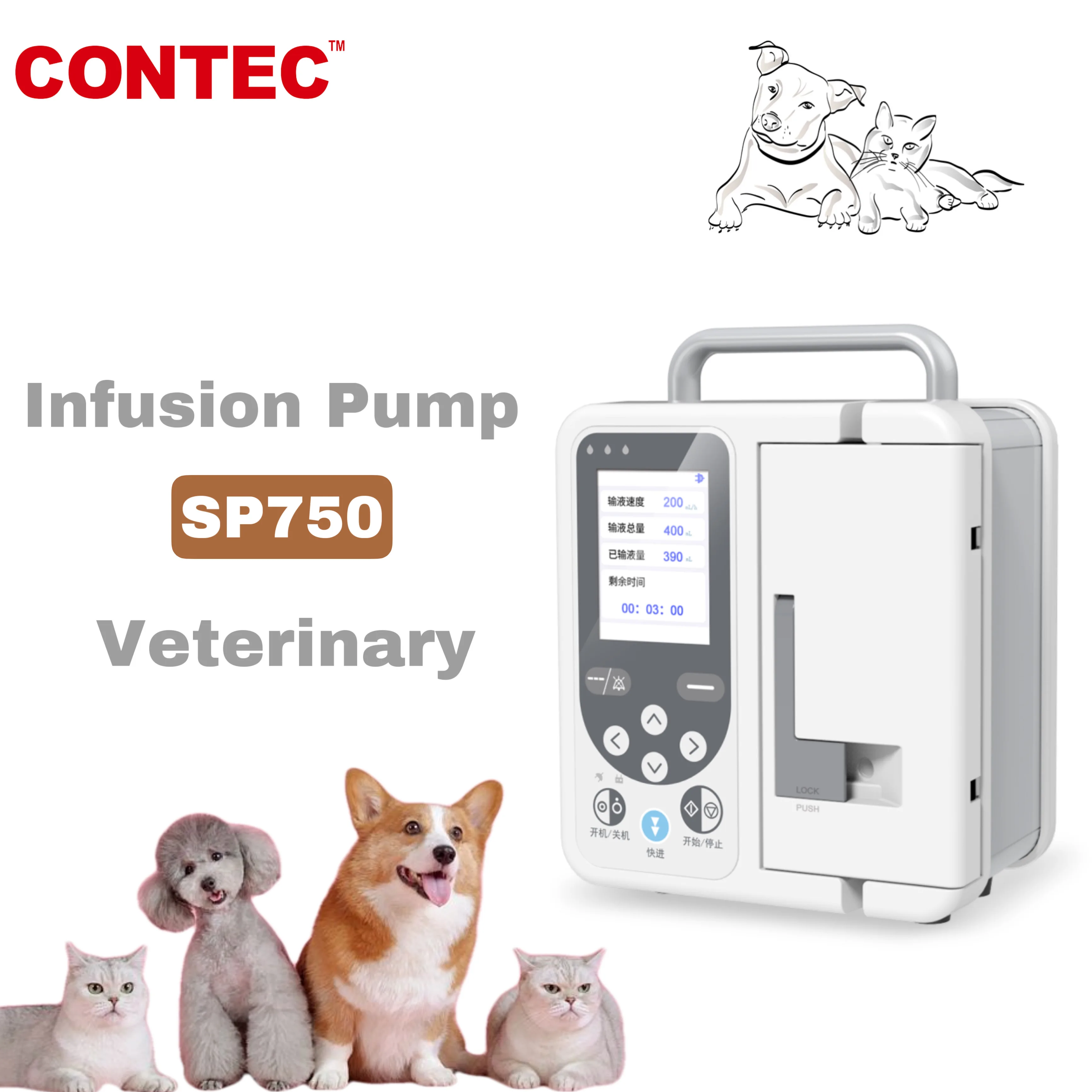 CONTEC LCD Veterinary Infusion Pump SP750 VET  High Precision Infusion External Power Supply