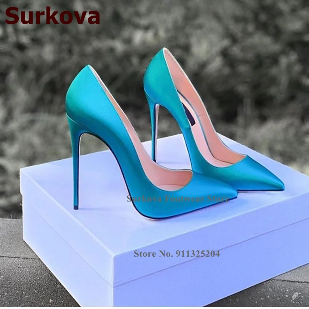 Surkova Sexy Satin Fabric 12cm High Heel Shoes Women Pointed Toe Slip-on Shallow Dress Pumps Silk Cloth Banquet Pumps Size45