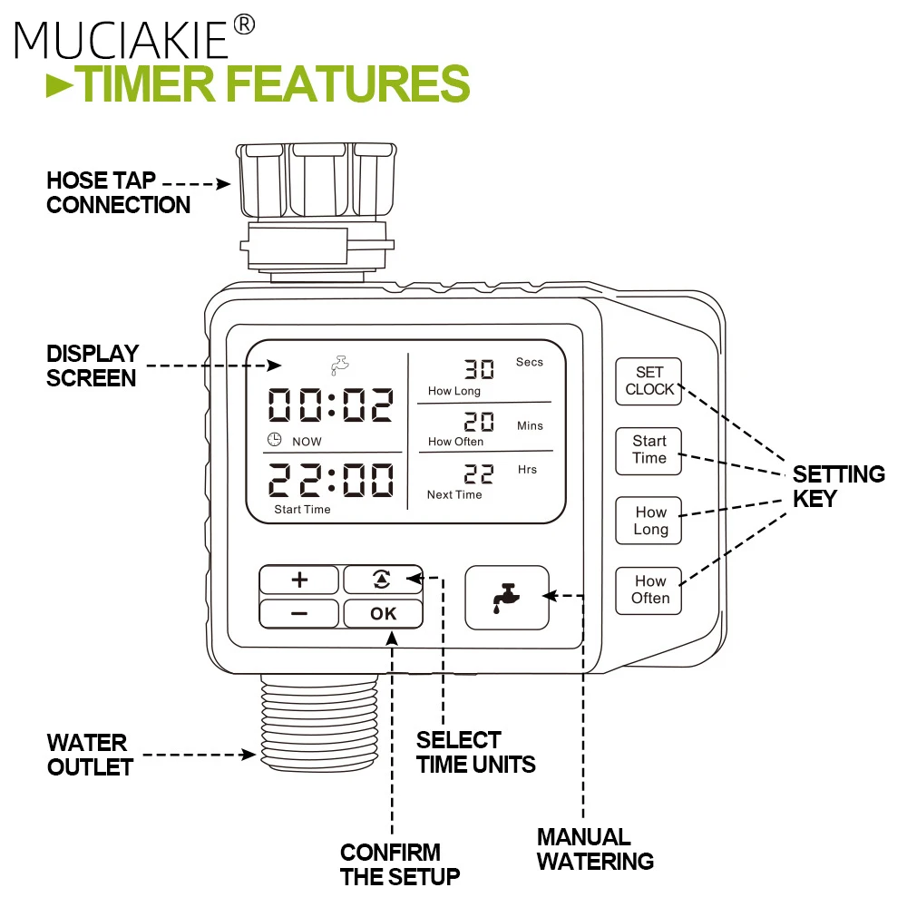 MUCIAKIE Electronic Sprinkler Water Timer Water Hose Outdoor Waterproof Automatic On Off Programmable Controller Irrigation