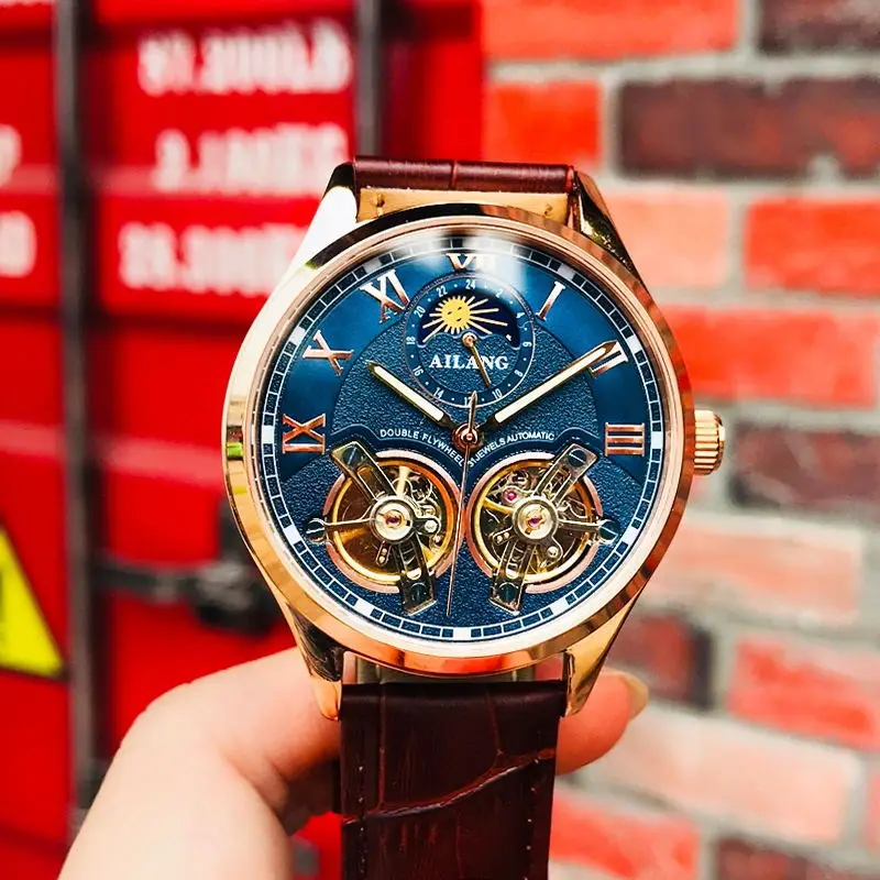 Ailang marca de luxo duplo tourbillon relógio para homens pulseira couro à prova dwaterproof água luminosa fase da lua moda relógios mecânicos dos homens