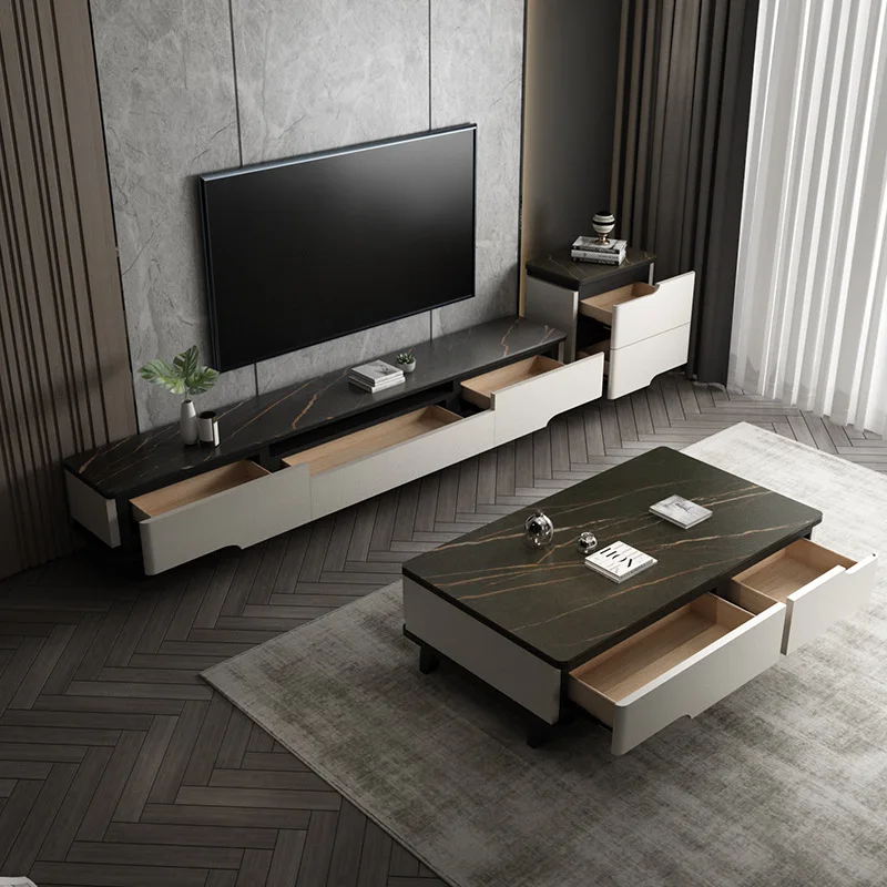 

Rock Plate TV Cabinet Tea Table Three-Piece Nordic Solid Wood Small Apartment Living Room TV Floor Cabinet