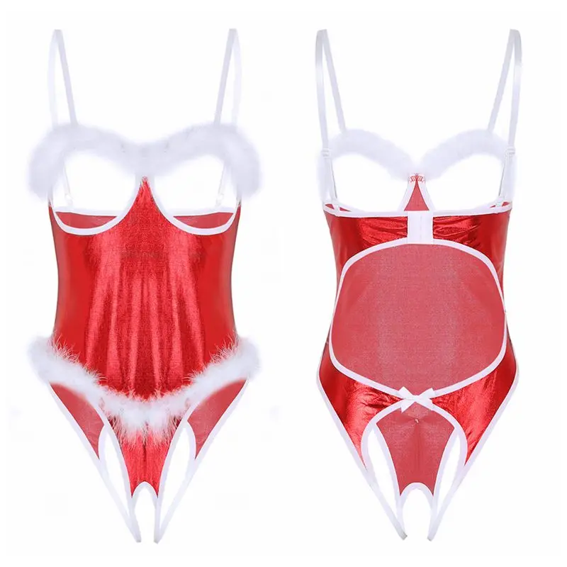 

#S-4XL Women Sexy Bodysuit Shiny Lingerie Adjustable Straps Open Cup Bras Crotchless Briefs Daily Sleepwear Christmas Costume