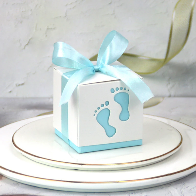 10/50/100 Stuks Baby Voetafdrukken Bonbondoos Zoete Container Gunst En Geschenken Dozen Met Lint Doop Baby shower Voor Verjaardagsfeestje