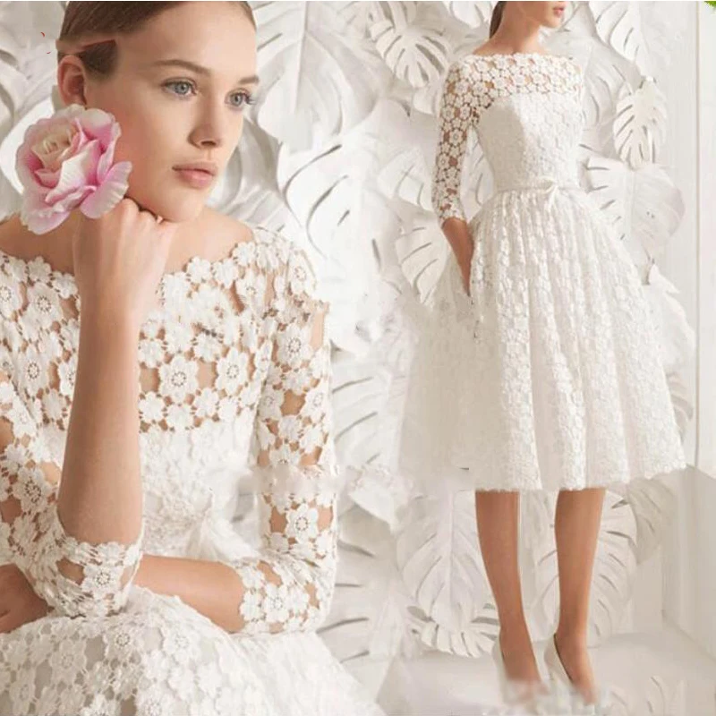 

A-Line Short Wedding Dress 2024 Elegant Lace Scoop Knee Length Long Sleeve Simple A Line Formal Bride Gown Vestidos De Novia