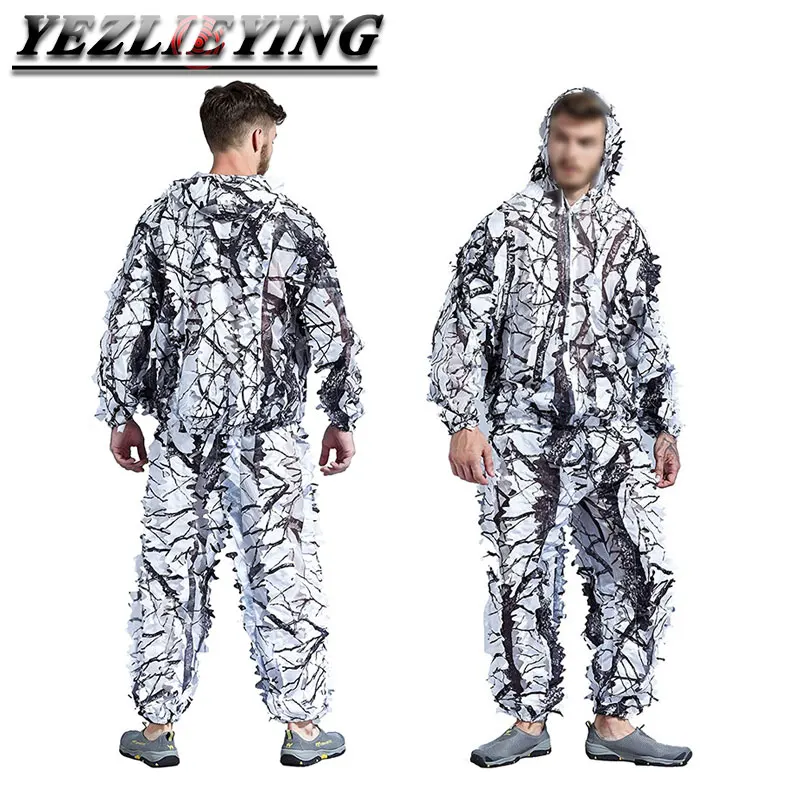 3D Maple Leaf Ghillie Suits Winter White Snow Camouflage with Zipper  Jacket Pants Clotheing for Hunting Shooting Birdwatching