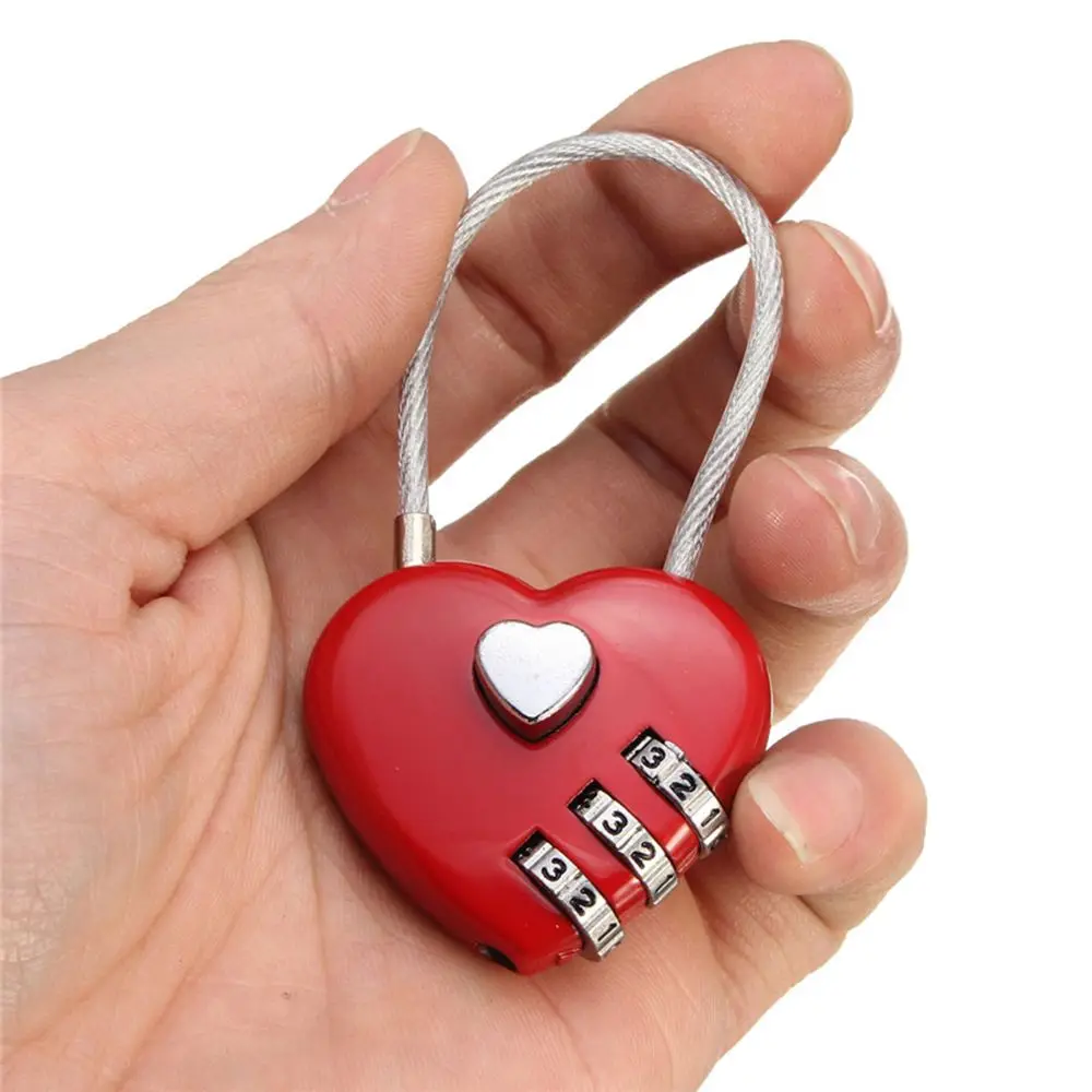 Hot Sale Love Password Lock Wire Rope Lock Travel Bags Three Bit Digital Lock Resettable Combination Padlock Heart