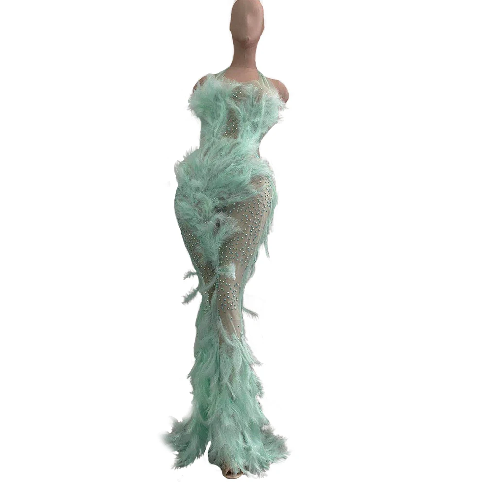 

Designer Prom Crystal See Through Mesh Mermaid Dress Women Sexy Transparent Party Feathers Dress Singer Long Dress Stage Outfits