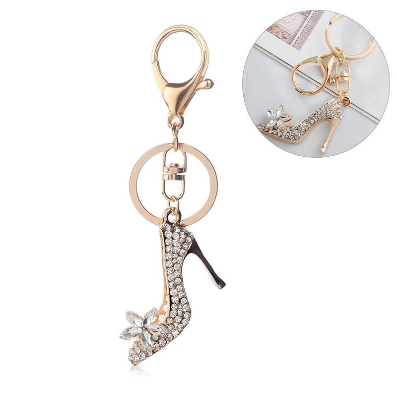 NEW Crystal High Heel Shoe Keychain Purse Car Shiny Rhinestone Key Chain Bag Decorative Alloy Keyring