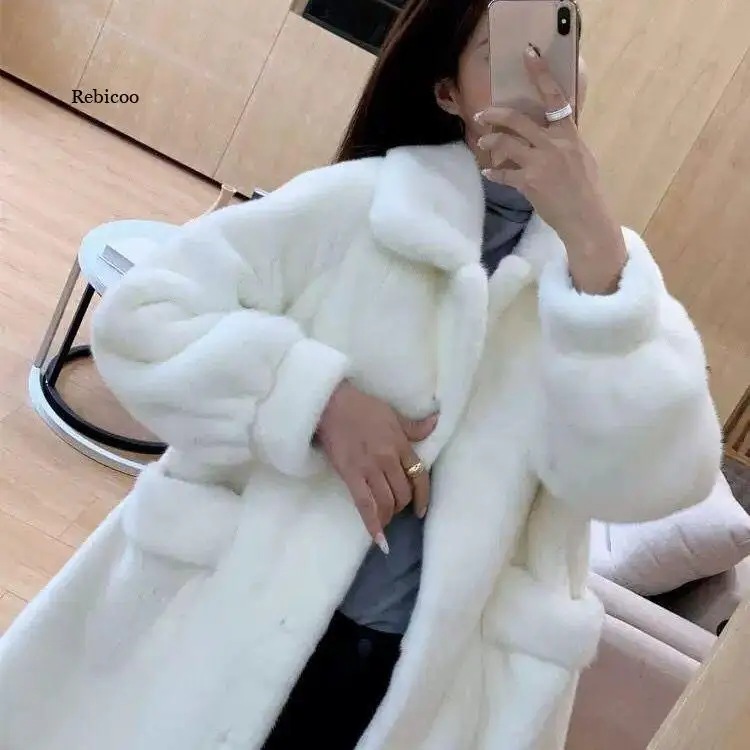 Women Winter Warm Solid Lapel Long Sleeve Faux Fur Coat Elegant Harajuku Festival Teddy Coat With Pockets Streetwear