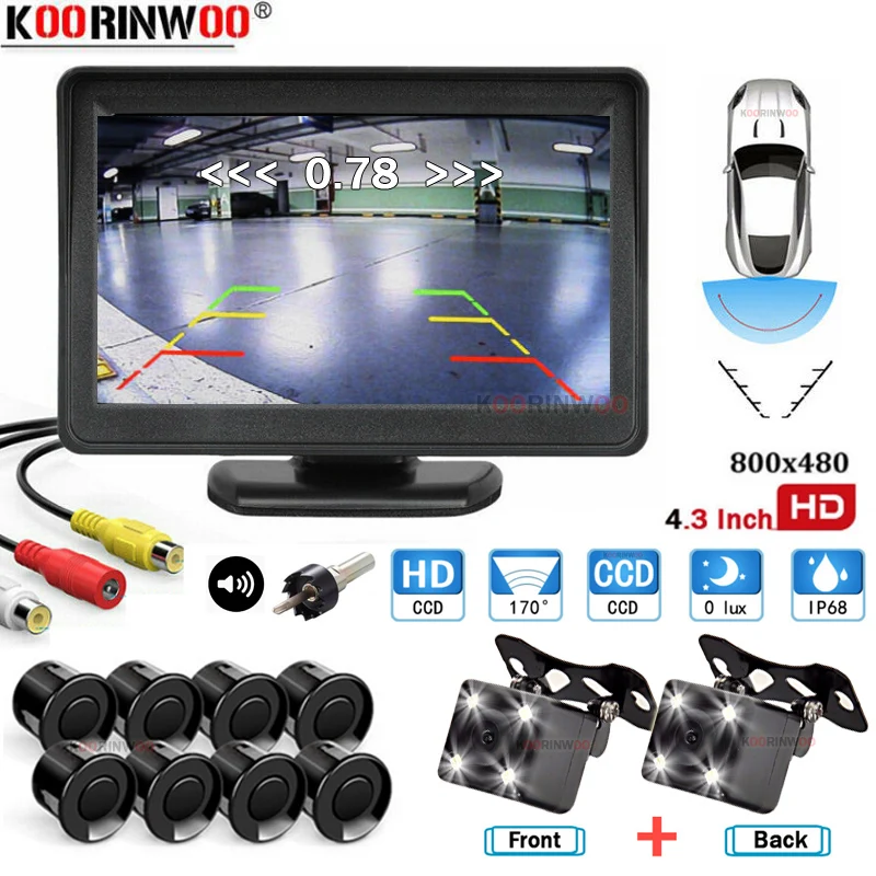 

Koorinwoo Dual Core Parking Sensors 8 parktronic 4.3' Car TFT LCD Monitor Reverse Radar Alarm Front Camera + Rear view Camera