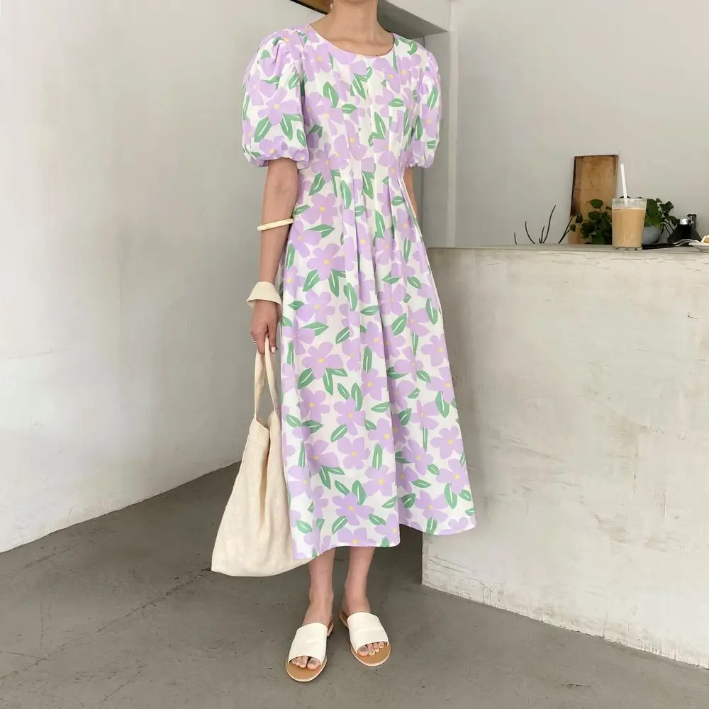 2021 Women Summer Round Collar Folds Long Floral Dress Puff Sleeve Slim Waist A-line Midi Sundress