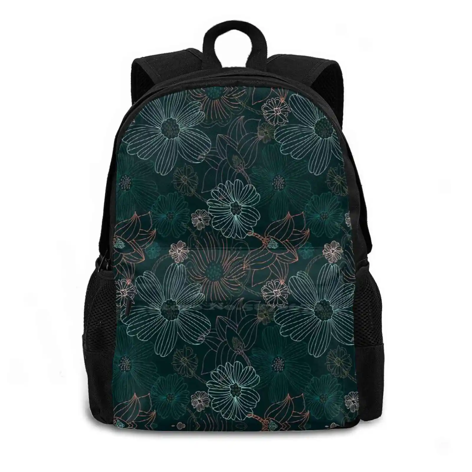 Classic Flower Decor Teen College Student Backpack Laptop Travel Bags Snow Flower Floral Garden Black And White Flower