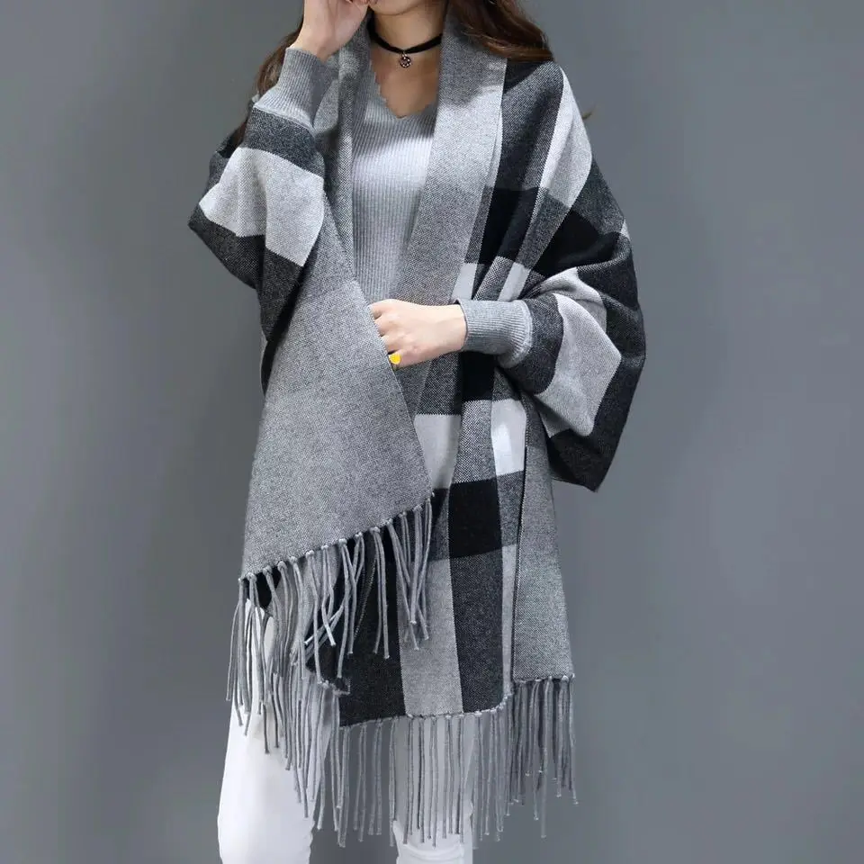 Women Autumn Striped Cloak Female Long Sleeves Cape Outside Street Wear Winter Knitted Plaid Cardigan Vintage Tassel Shawl Coat