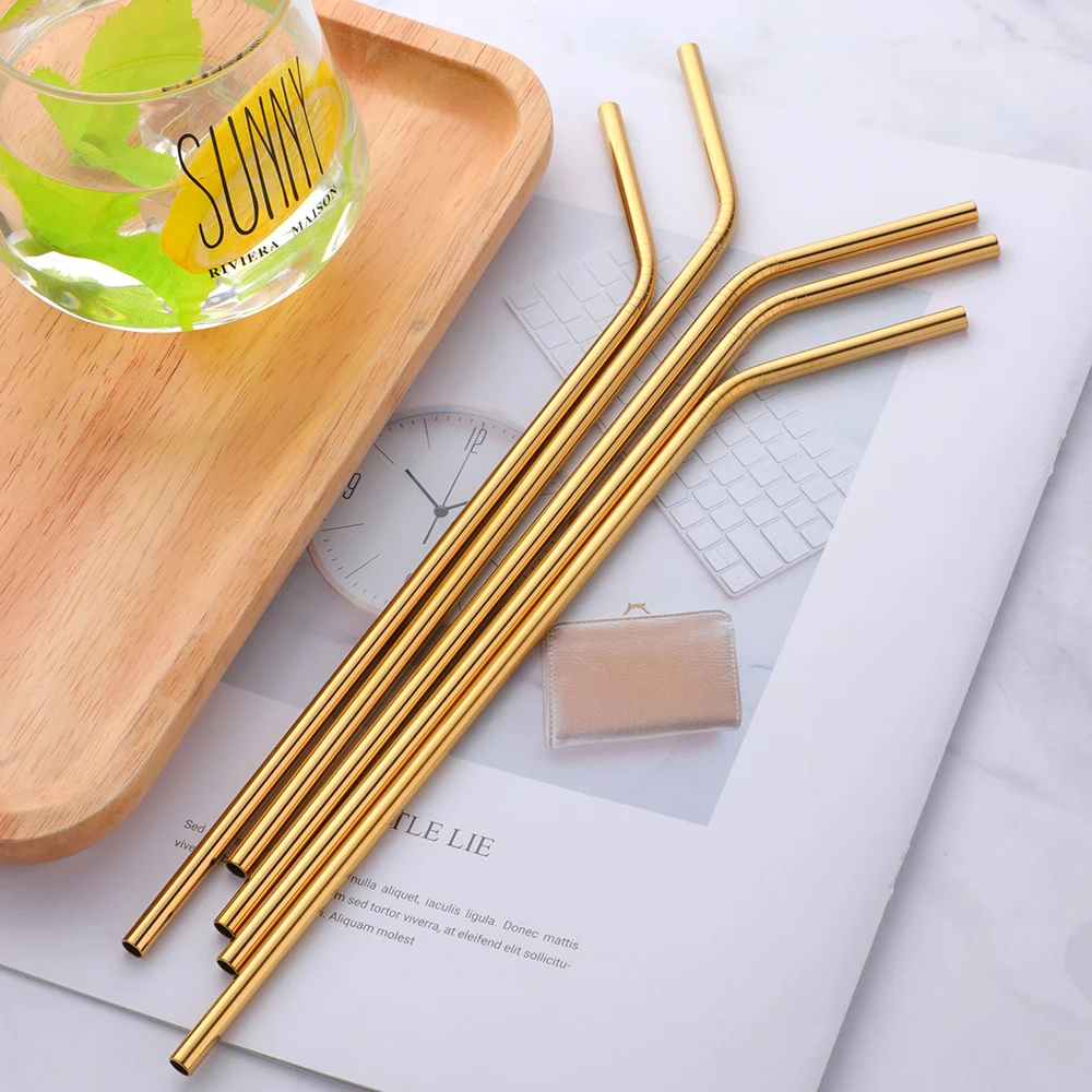 5pcs Gold Stainless Steel Drinking Straws with Cleaner Brush Reusable Unfolded Metal straws Barware Bar accessory Kitchen tools