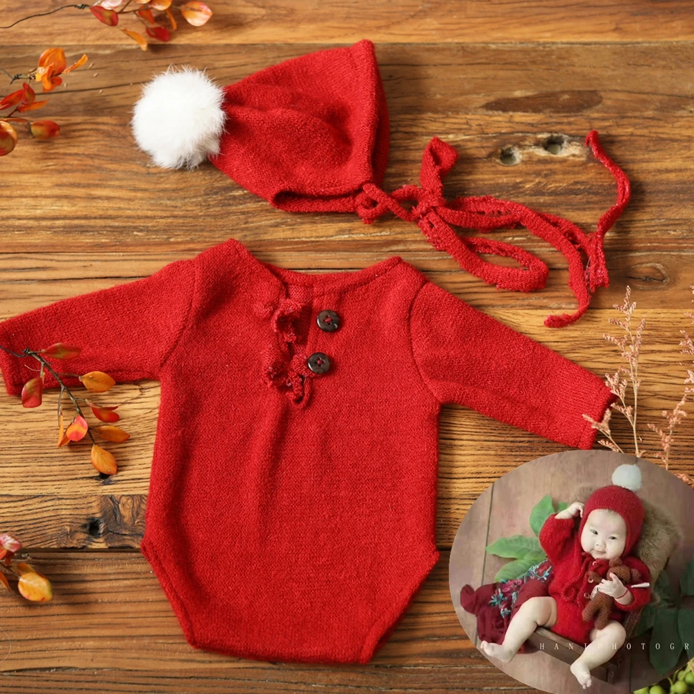 2021 New Newborn Photography Props Christmas Red Outfit Hat Knit Soft Set for Baby Boy Girl Clothing Photo Shooting Accessories