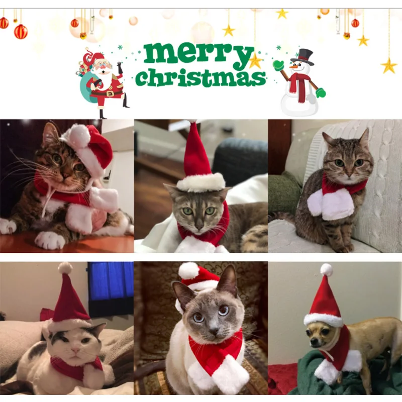 Pet Cat Dog Hat Red Scarf Christmas Pet Costume Set Adjustable Dog Santa Hat Christmas Scarf for Puppy Kitten Small Cats Dogs