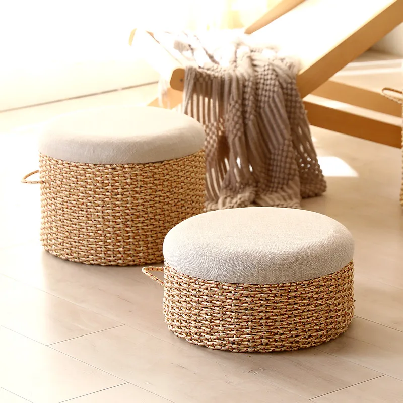 Furniture Home Hallway Ottoman Hand Woven Thickened Cushion Small Round Stool Pastoral Tatami Sit Pier Balcony Decorative Stool