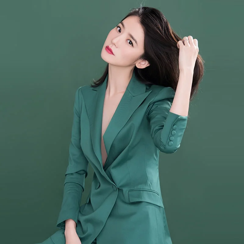 Style OL Fashion Blazer Women 2022 Spring Autumn Elegant Lapel Double Breasted Suit Jacket Green Pants Two Piece Set Female