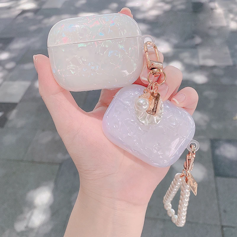 高級光沢のあるシェルパターンヘッドセットairpodsためのプロ 3 シリコーンイヤホン保護カバーかわいい真珠ブレスレットキーホルダー