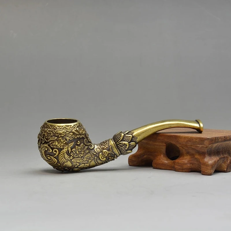 Exquisite Chinese Vintage Handmade Brass Fish lotus Tobacco Pipe Men's Pipe