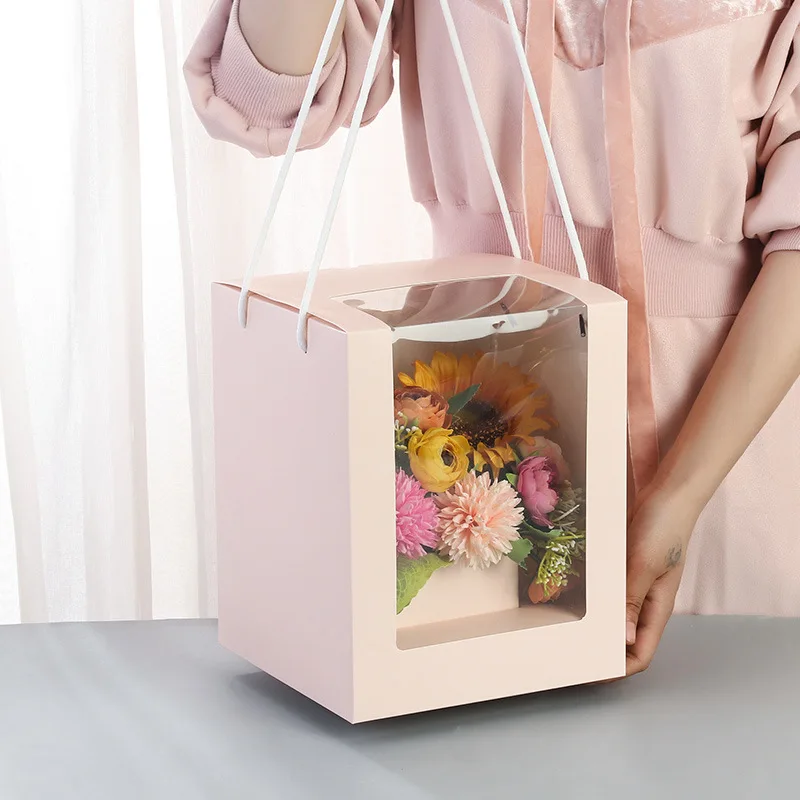 50pcs/lot Valentine's Day portable folding transparent flower box flower packaging gift box flower bouquet window flower box