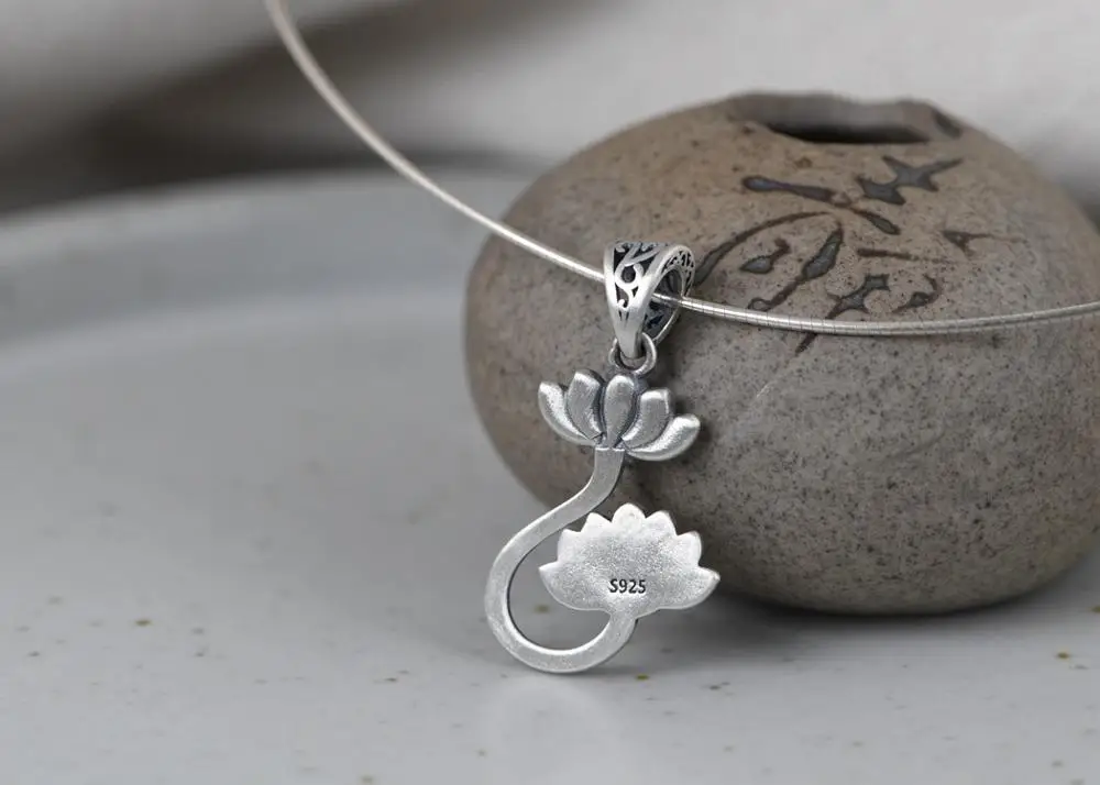 Pendentif Lotus en argent 100% 925 fait à la main, véritable fleur Sterling pour femmes, pendentif fleur de Lotus en argent pur