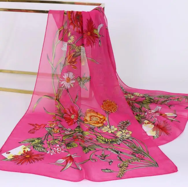 Chiffon Floral Elegant Scarves Silk Scarf Fashion Women Flower Printed Long Soft Wrap Scarf Simulation Silk Shawl Beach Scarf