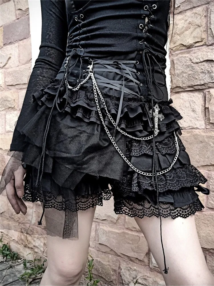 

Loli Rock Gothic Punk Dark Lace Up Bandage Cross Chain Mesh Shorts Lolita Short Pants Goth Punk Fashion Women Black Pantskirt