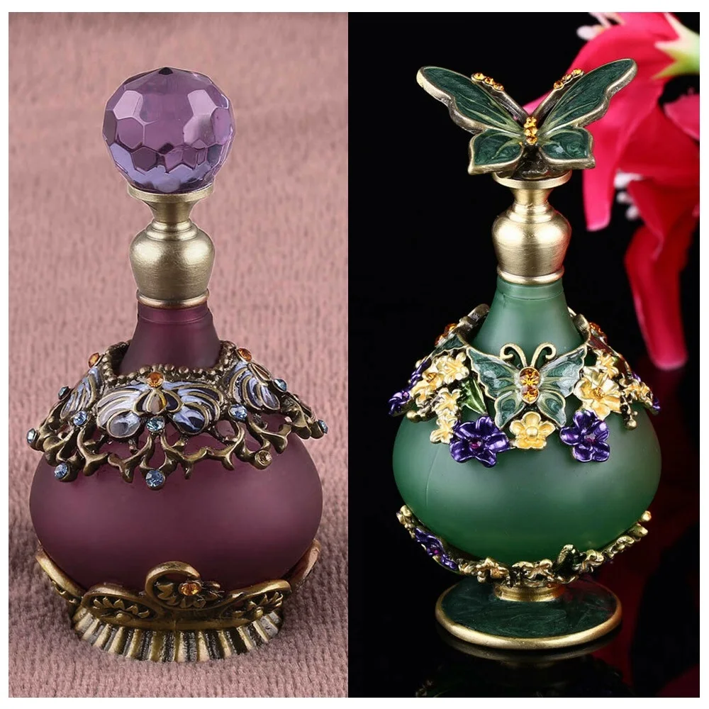 

23ml Vintage Perfume Bottle Purple Diamond Cut / Antique Butterfly Metal Empty Glass Dropper Women Girl Gift