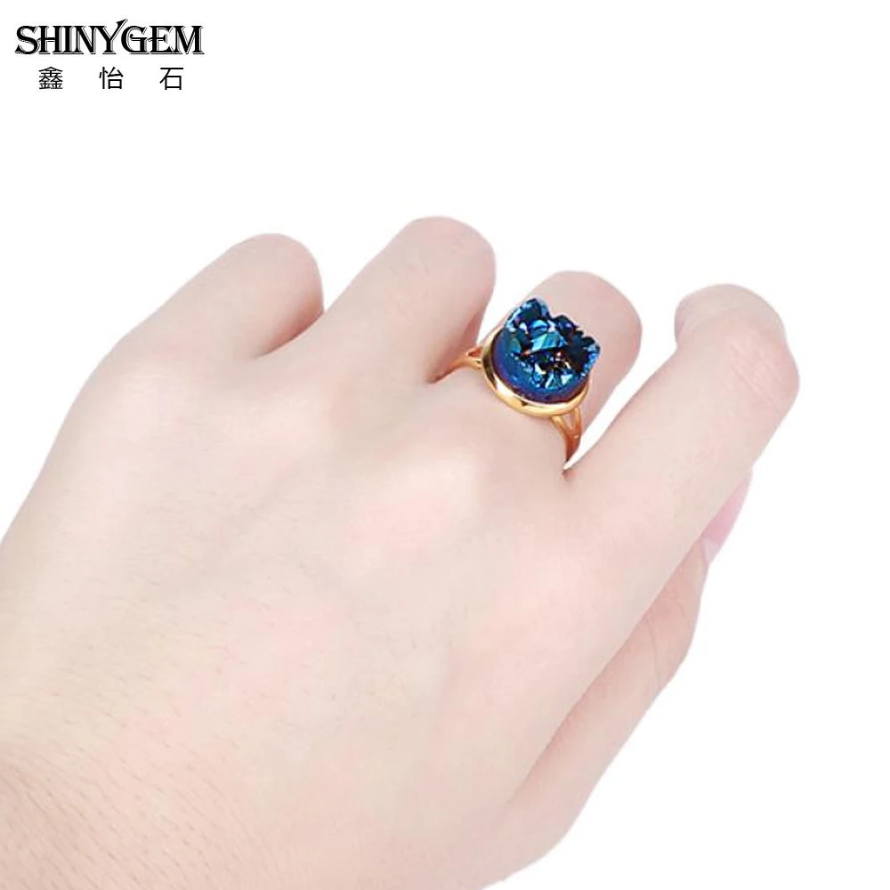 shinygem 12 12mm vintage natural crystal druzy ring classical gold plating adjustable mineral geode gem rings for women wedding
