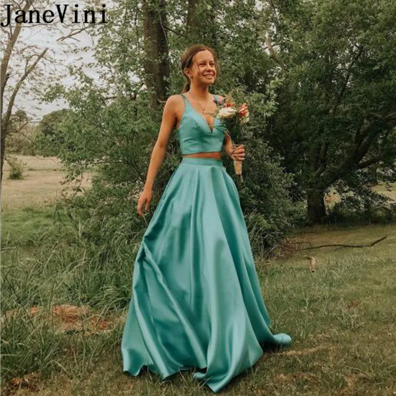 JaneVini Einfache Zwei Stücke Lange Prom Kleider Satin EINE Linie 2 Stück Sleeveless V-ausschnitt Teenager Abend Party Kleid Jurkjes 2020