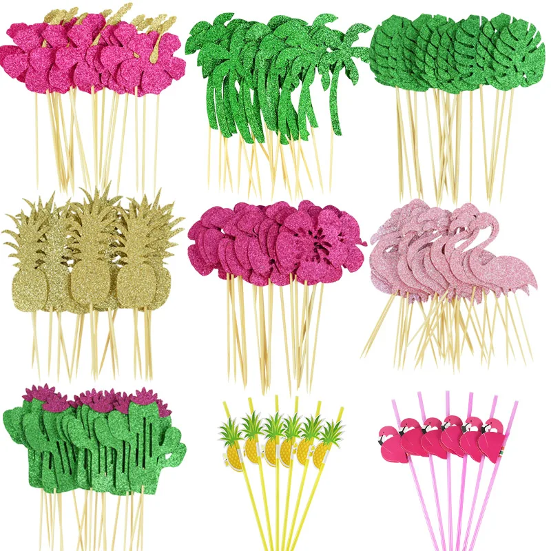 Summer Birthday Party Cake Toppers Tropical Luau Turtle Leaf Flamingo Cupcake Picks For Hawaii Wedding Party Flower Cake Decor