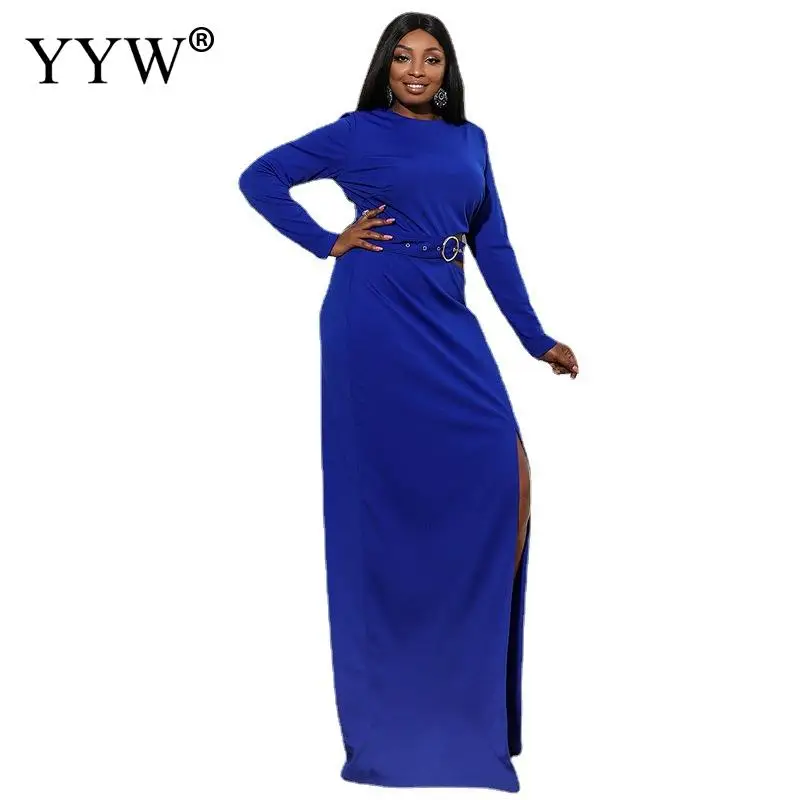 Royal Blue Crop Top Riem Lange Party Jurken Cocktail Side Split Enkellange Hoge Hals Effen Cool Formele Jurken Vestidos 2021