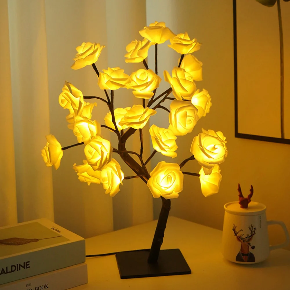 

LED Rose Flower Table Night Lamp 5V USB Operated Bedside Tree Lamp Indoor Room Decorative Desk Light For Bedroom Home Decoration