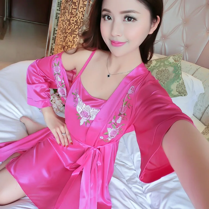 Ladies Nightdress New Summer Thin Ice Silk 2PCS Home Service Sexy Strap Mini Dress Short-sleeved Robe Sets Female Nightgown 1930