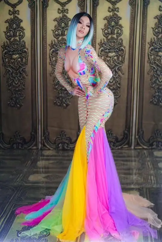 

Long rainbow dress pary Stage female singer hosts colorful rhinestone evening dress