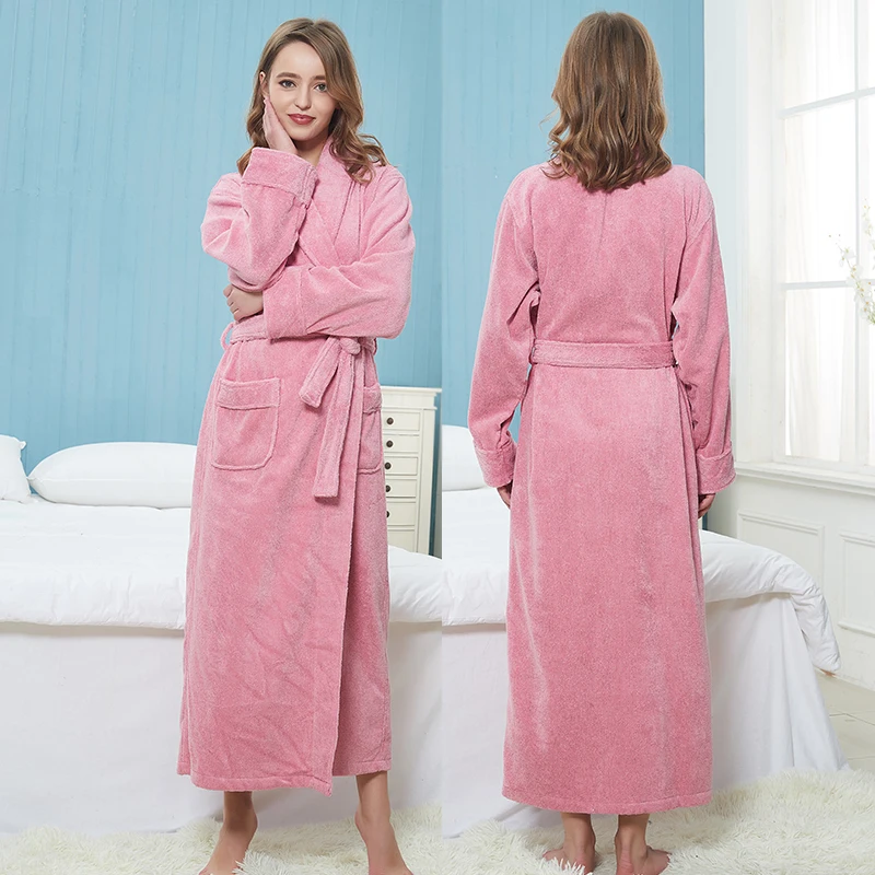 

Winter Night Dress Women Bathrobe 100% Cotton Extra Long Thick Lengthened Robe Plus Size Plush Shawl Bathrobe Long Sleeved Robe